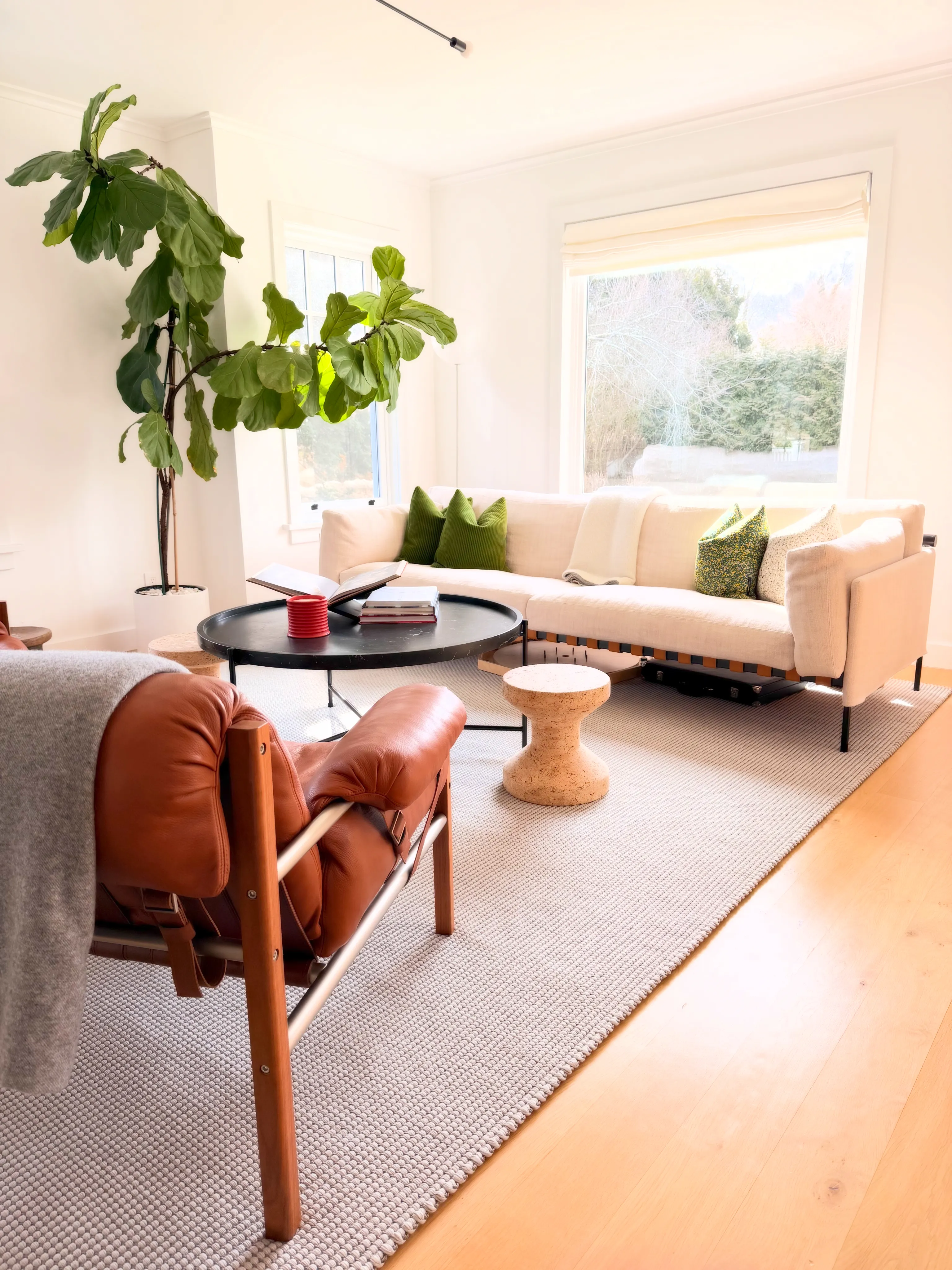A light-filled living room with a cream sectional, fiddle-leaf fig, and leather lounge chair — the house kept between visits.