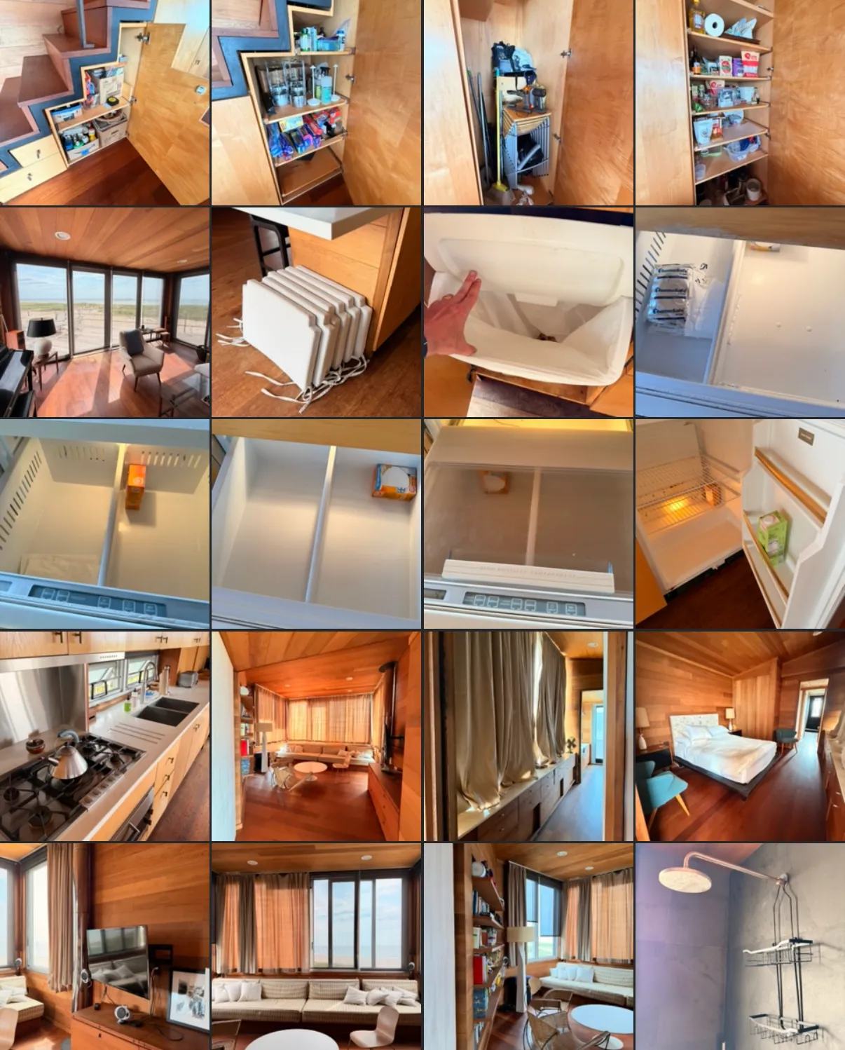 A grid of twenty checkout photos of the Water Island house: stocked under-stair cabinets and pantry, outdoor cushions stacked indoors, empty fridge and freezer drawers, a clean kitchen, made bed, curtained living rooms with ocean views, and the outdoor shower.